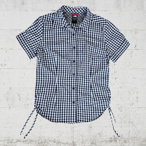North Face Navy White Gingham Plaid Side Cinch Hem Button Down Top Size Medium